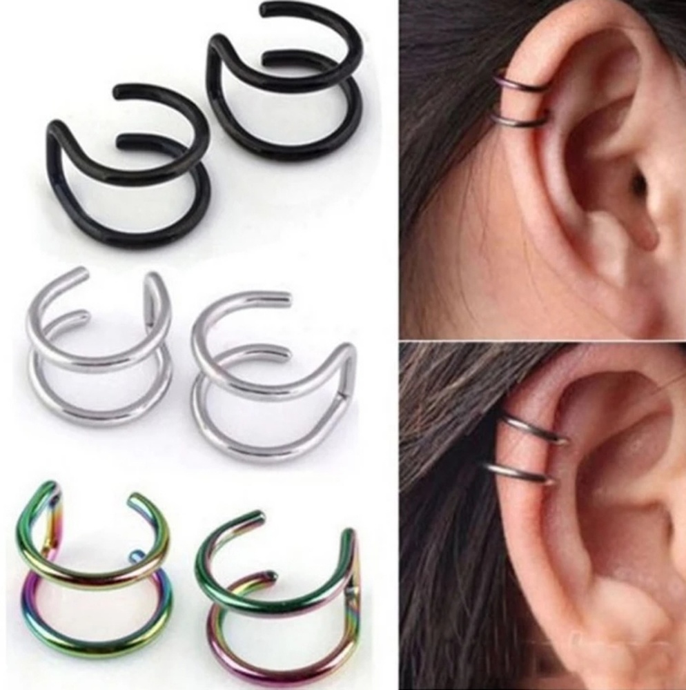 Pair of Double Ear Cuff Clip Earnings Gold Color - Picture 6 of 7